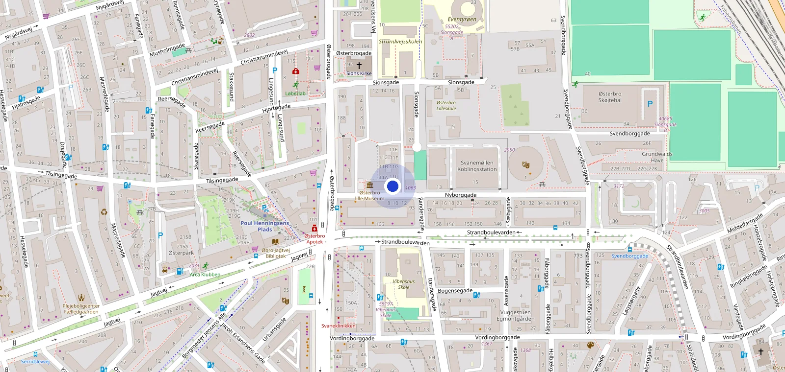 Kort over Nyborggade 11D på Østerbro, hvor Kaffedoktor har værksted